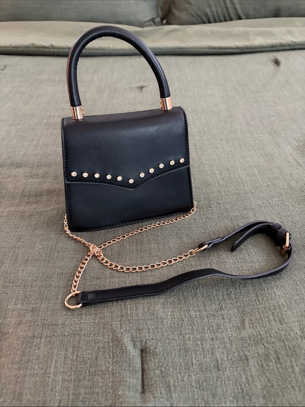 Black Top-Handle Satchel with Gold Stud Accents